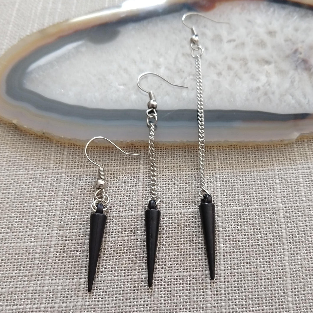 Black Spike Earrings -  Long Dangle Earrings with Silver Curb Chain
