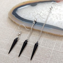 Load image into Gallery viewer, Black Spike Earrings -  Long Dangle Earrings with Silver Curb Chain

