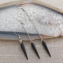 Load image into Gallery viewer, Black Spike Earrings -  Long Dangle Earrings with Silver Curb Chain

