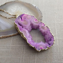 Load image into Gallery viewer, Purple Agate Geode Slice Necklace with Druzy Inclusion - Bohemian Festival Jewelry
