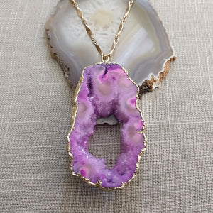 Purple Agate Geode Slice Necklace with Druzy Inclusion - Bohemian Festival Jewelry