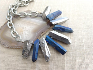 Silver and Blue Crystal Point Bib Necklace - Statement Jewelry