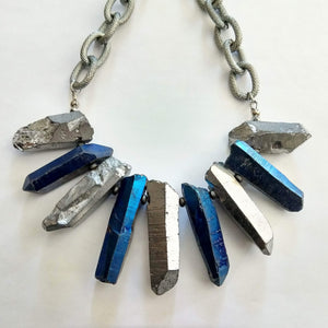 Silver and Blue Crystal Point Bib Necklace - Statement Jewelry