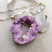 Load image into Gallery viewer, Geode Slice Necklace, Chunky Purple Druzy Statement Jewelry, Vintage Brass Chain

