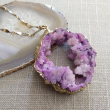 Load image into Gallery viewer, Geode Slice Necklace, Chunky Purple Druzy Statement Jewelry, Vintage Brass Chain
