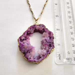 Geode Slice Necklace, Chunky Purple Druzy Statement Jewelry, Vintage Brass Chain