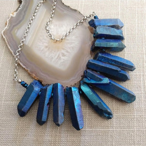 Blue Titanium Crystal Point Bib Necklace - Statement Jewelry