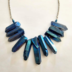 Blue Titanium Crystal Point Bib Necklace - Statement Jewelry