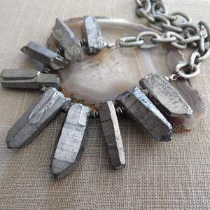 Silver Titanium Crystal Point Bib Necklace - Statement Jewelry