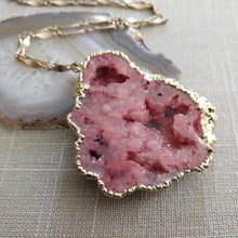 Load image into Gallery viewer, Red Geode Slice Necklace, Chunky Agate Druzy Statement Jewelry, Vintage Brass Chain

