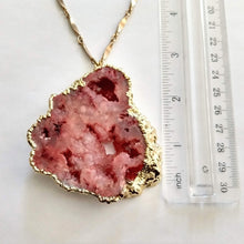 Load image into Gallery viewer, Red Geode Slice Necklace, Chunky Agate Druzy Statement Jewelry, Vintage Brass Chain
