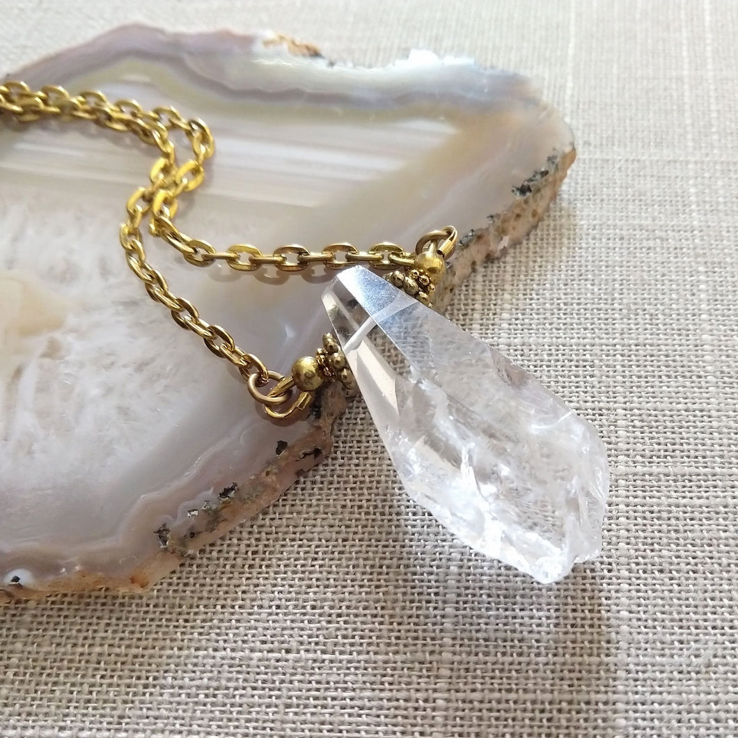 Faceted Crystal Quartz Necklace on Antique Gold Cable Chain