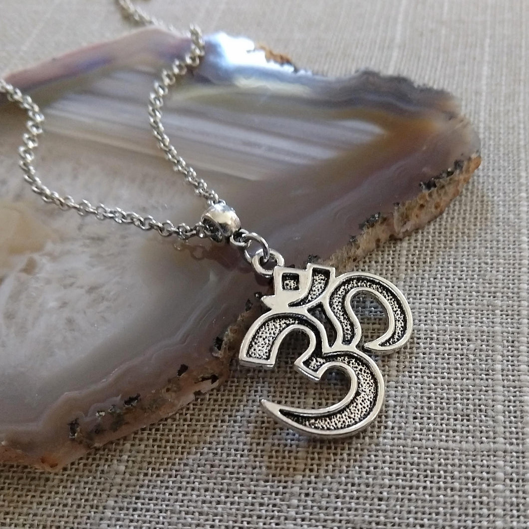 Silver Ohm Necklace - Ohm Pendant on Rolo Chain - Yoga Jewelry