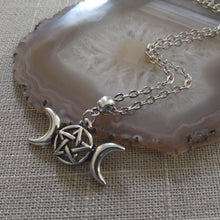 Load image into Gallery viewer, Wiccan Triple Moon Necklace on Silver Cable Chain
