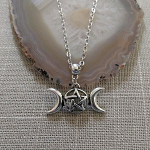 Wiccan Triple Moon Necklace on Silver Cable Chain