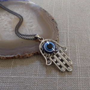 Hamsa Evil Eye Necklace on Gunmetal Thin Curb Chain - Yoga Jewelry