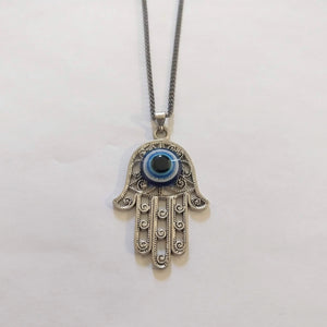 Hamsa Evil Eye Necklace on Gunmetal Thin Curb Chain - Yoga Jewelry