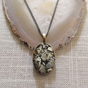 Pyrite Stone Bezel Necklace on Gunmetal Curb Chain