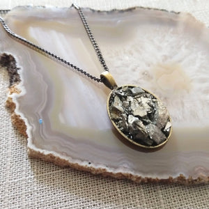 Pyrite Stone Bezel Necklace on Gunmetal Curb Chain