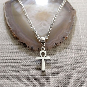 Ankh Egyptian Cross Necklace on Silver Rolo Chain