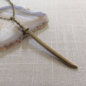 Sword Necklace, Long Bronze Sword Pendant on Rolo Chain, Mens Jewelry