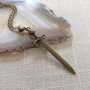 Cat Head Sword Necklace on Bronze Cable Chain, Mens Jewelry