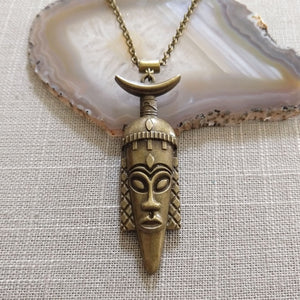 Tribal Mask Necklace,  Bronze Long Mask Charm on Rolo Chain, Mens Jewelry