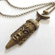 Load image into Gallery viewer, Tribal Mask Necklace,  Bronze Long Mask Charm on Rolo Chain, Mens Jewelry
