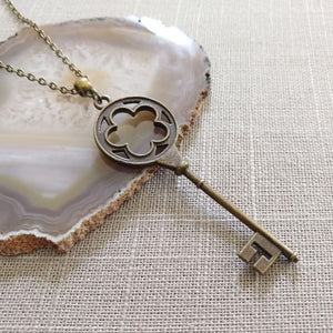 Skeleton Key Necklace, Long Bronze Key on Rolo Chain, Layering Necklace