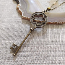Load image into Gallery viewer, Skeleton Key Necklace, Long Bronze Key on Rolo Chain, Layering Necklace
