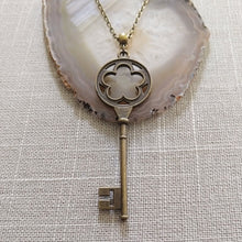 Load image into Gallery viewer, Skeleton Key Necklace, Long Bronze Key on Rolo Chain, Layering Necklace
