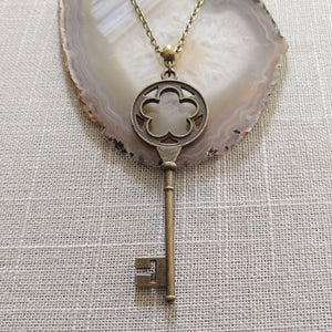 Skeleton Key Necklace, Long Bronze Key on Rolo Chain, Layering Necklace