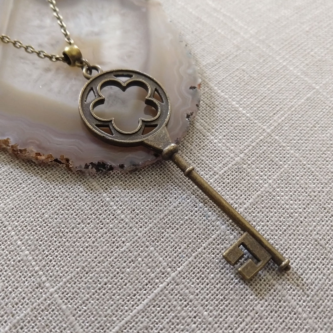 Skeleton Key Necklace, Long Bronze Key on Rolo Chain, Layering Necklace