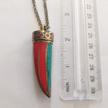 Load image into Gallery viewer, Coral and Turquoise Horn Necklace on Bronze Rolo Chain
