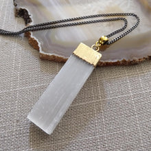 Load image into Gallery viewer, Selenite Necklace  - Gold Plated Selenite Quartz Pendant on Gunmetal Thin Curb Chain
