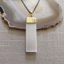 Load image into Gallery viewer, Selenite Necklace  - Gold Plated Selenite Quartz Pendant on Gunmetal Thin Curb Chain
