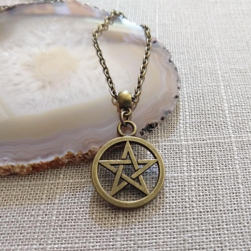 Pentagram Wiccan Necklace on Bronze Rolo Chain