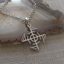 Load image into Gallery viewer, Ginfaxi Icelandic Stave Necklace - Combat Rune Necklace on Silver Rolo Chain
