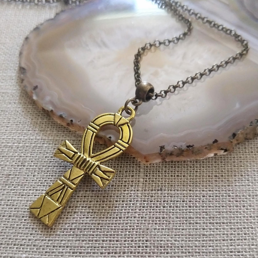 Ankh Egyptian Cross Necklace on Bronze Rolo Chain