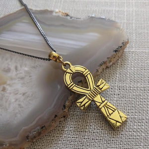 Ankh Egyptian Cross Necklace on Gunmetal Curb Chain