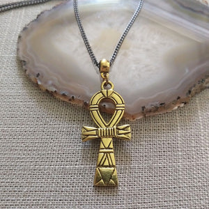 Ankh Egyptian Cross Necklace on Gunmetal Curb Chain