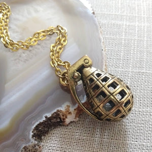 Hollow Grenade Necklace on Antique Gold Cable Chain, Mens Jewelry