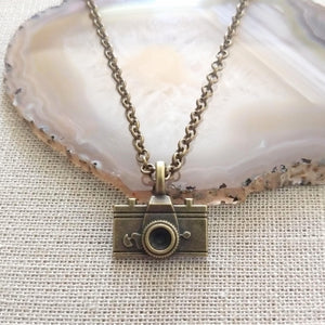 Vintage Camera Necklace on Bronze Rolo Chain