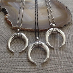 Curved Horn Necklace - Silver Horn on Your Choice of 3 Rolo Chains Finishes