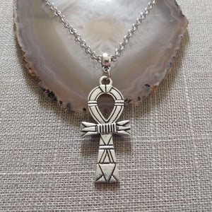 Striped Ankh Necklace on Silver Rolo Chain, Egyptian Cross Jewelry