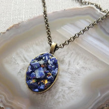 Load image into Gallery viewer, Lapis Lazuli Stone Bezel Necklace on Bronze Rolo Chain
