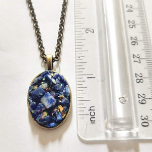 Lapis Lazuli Stone Bezel Necklace on Bronze Rolo Chain