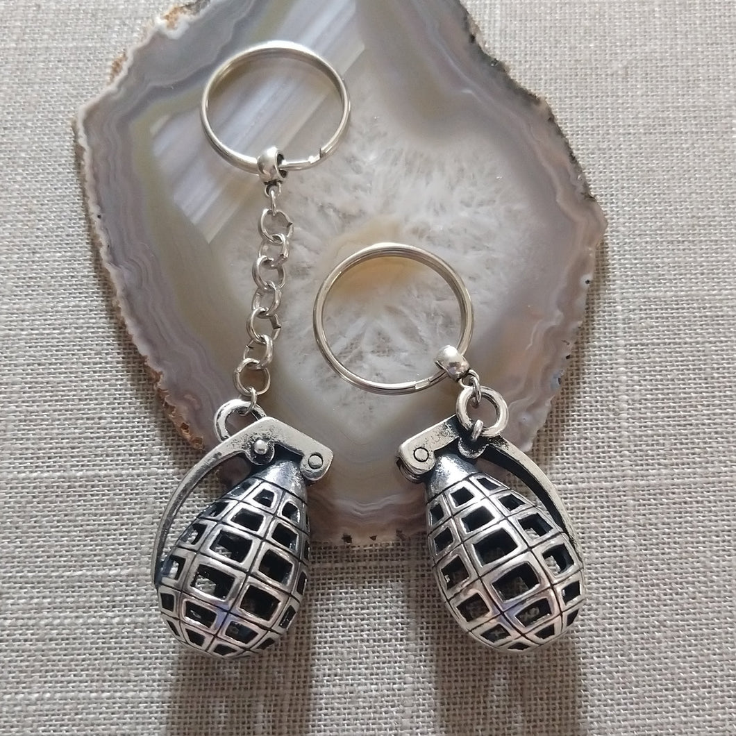 Silver Hollow Grenade Keychain, Backpack or Purse Charm, Zipper Pull