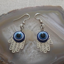 Load image into Gallery viewer, Hamsa Evil Eye Dangle Earrings
