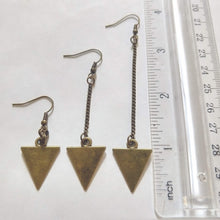 Load image into Gallery viewer, Bronze Geometric Triangle Earrings - Your Choice of Three Lengths - Long Dangle Chain Earrings
